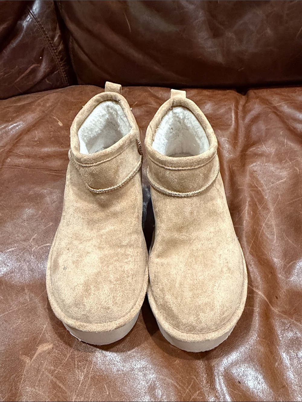 Madden Girl Cozy Suede Slip-On Boots in Tan